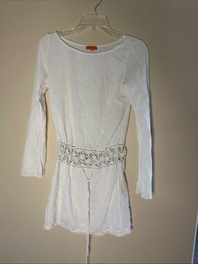 Michelle Jonas White Crochet-Waist Long Sleeve Tunic Dress